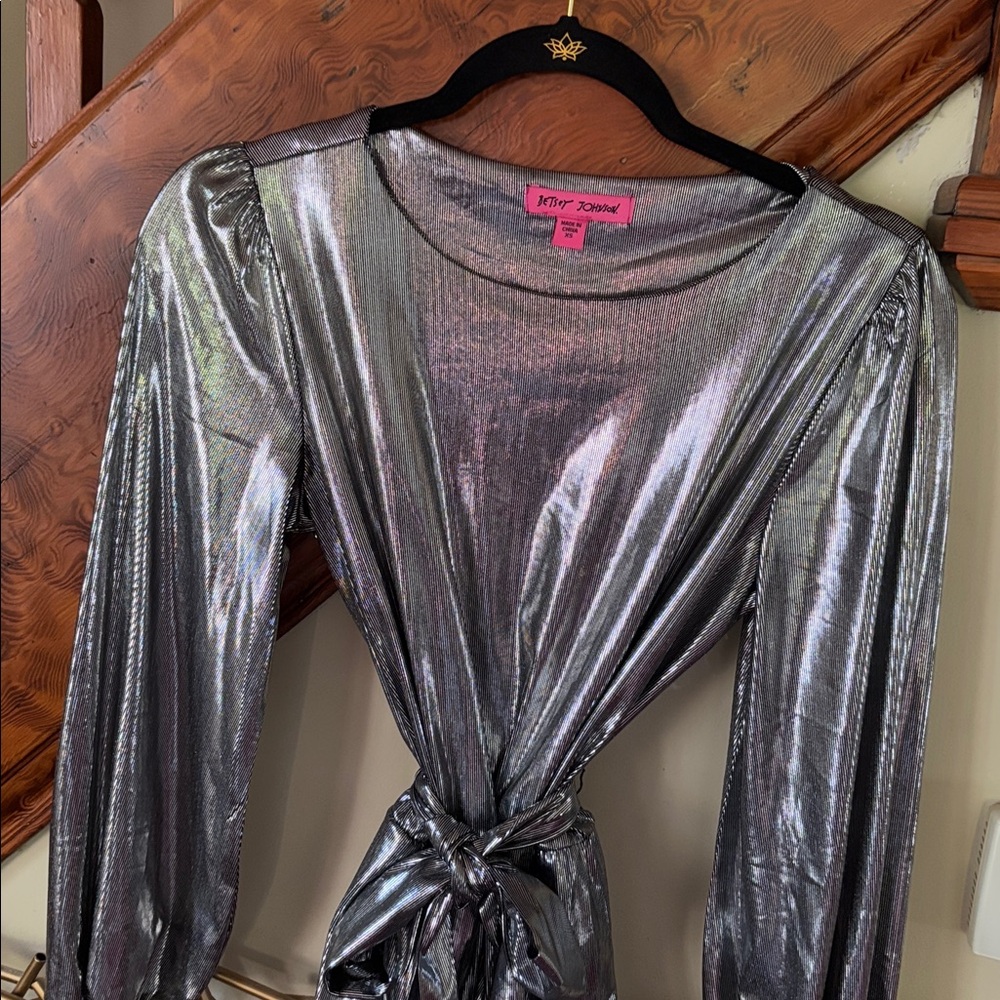 Betsey Johnson Shiny Silver Long Sleeve mini Dress belted waist XS - Picture 2 of 5